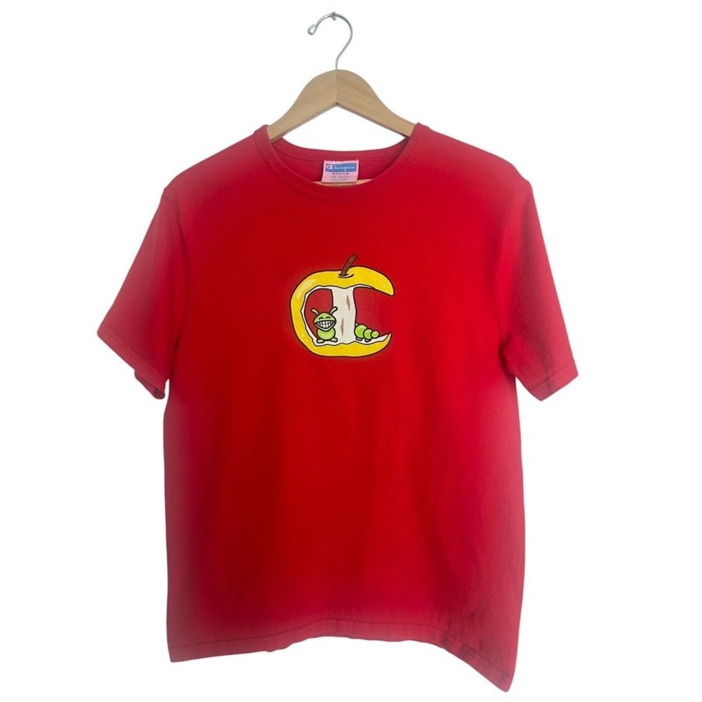 Champion Mens Red Apple Worm Graphic T Shirt C Logo Cotton Tee Size M
